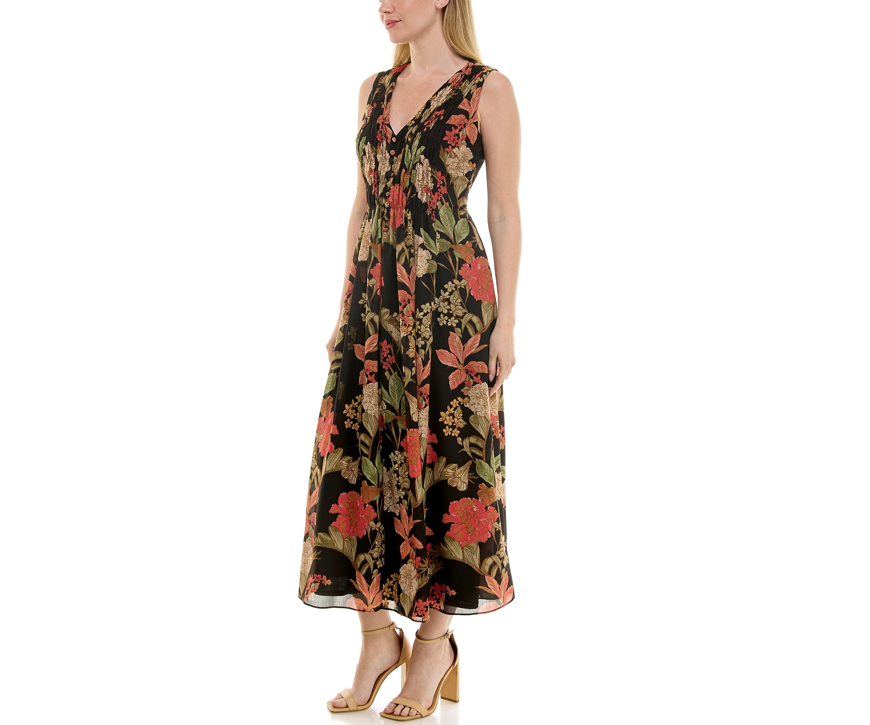 Womens Printed V-Neck Smocked Dress