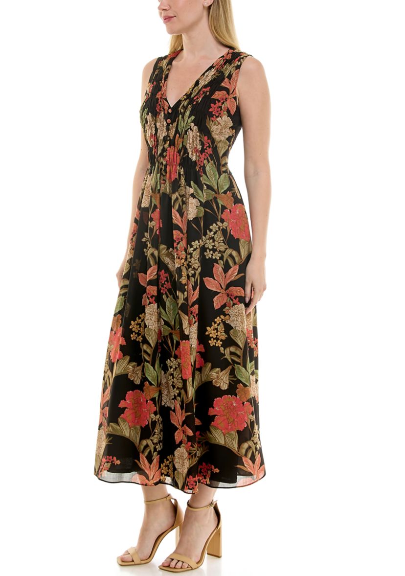 Womens Printed V-Neck Smocked Dress