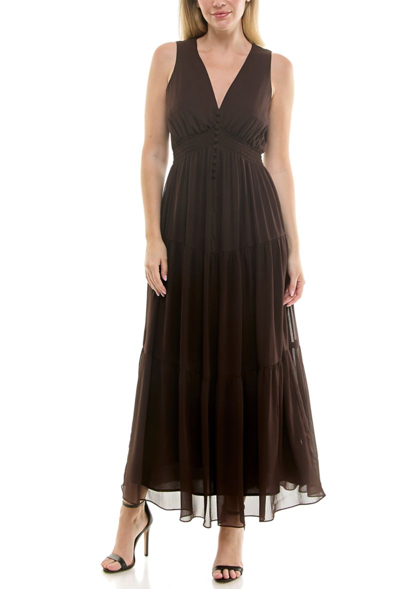 Womens Button Front Chiffon Dress