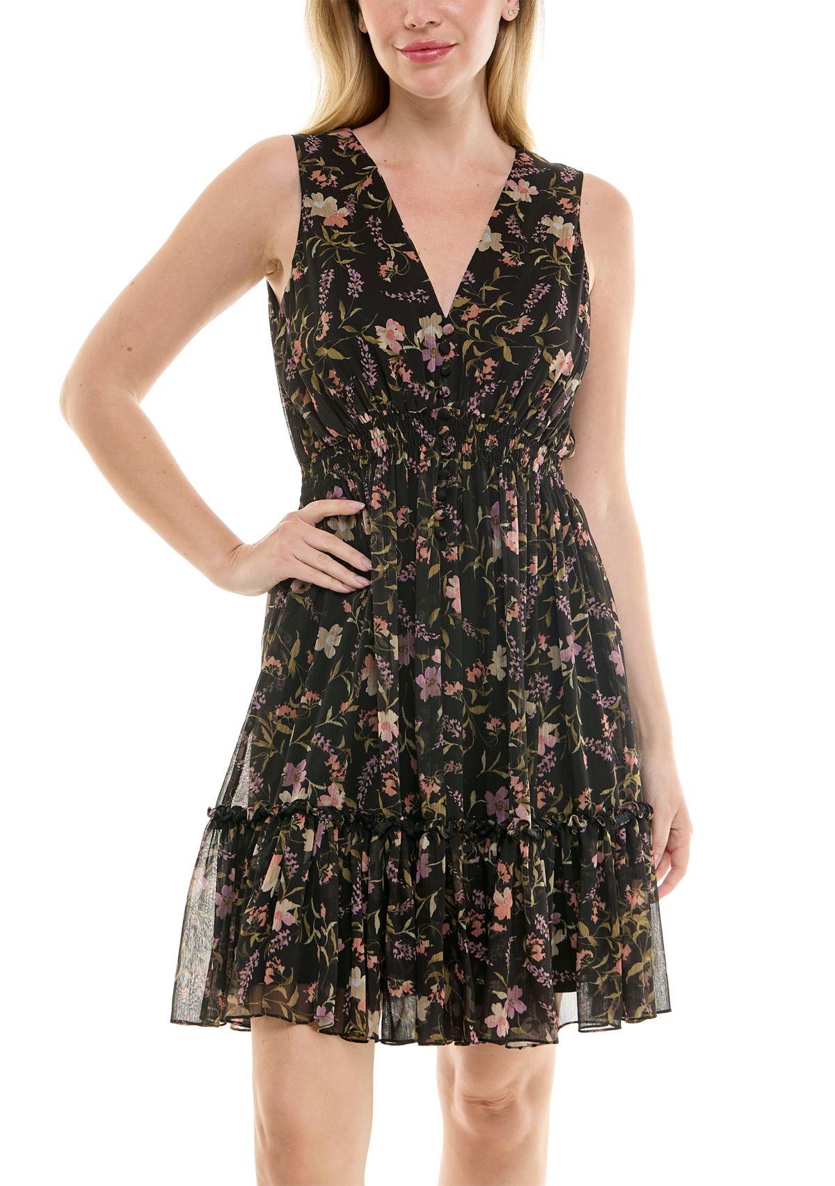 Womens Floral Smocked V-Neck Dress