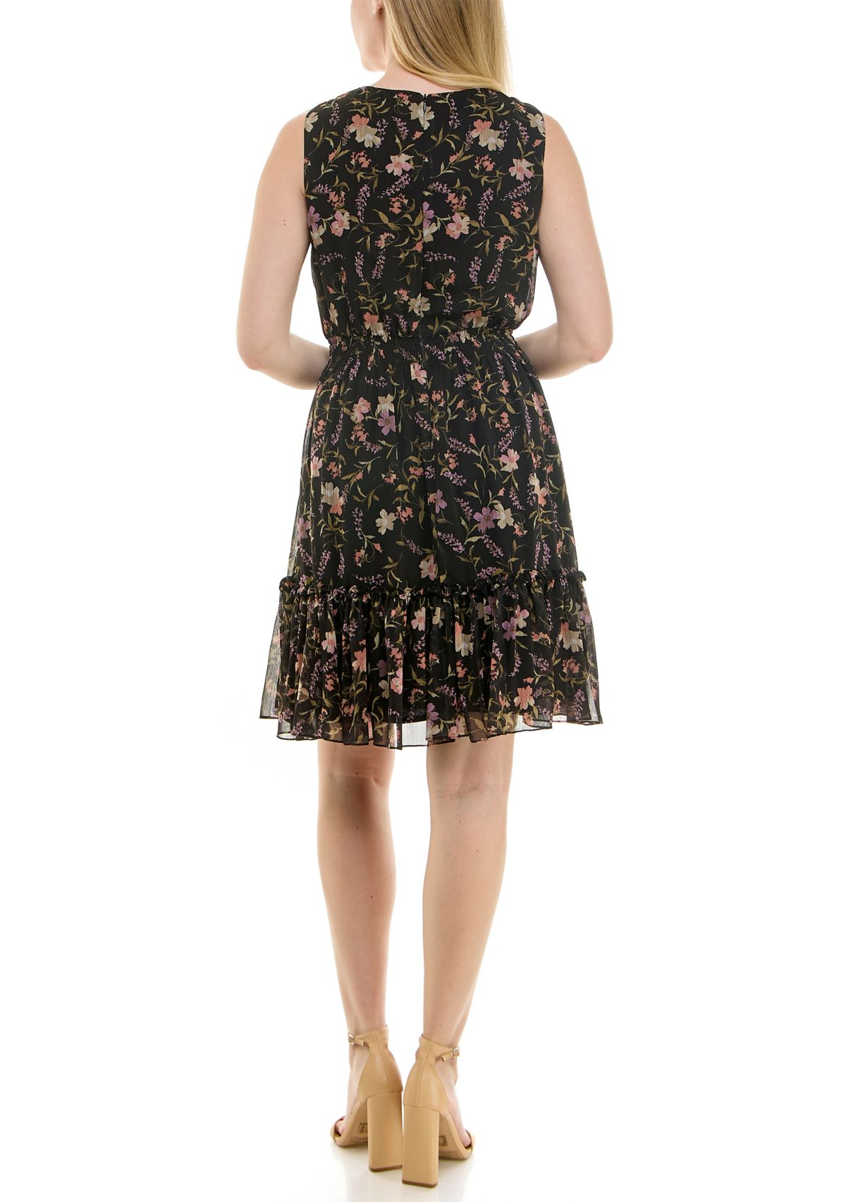 Womens Floral Smocked V-Neck Dress