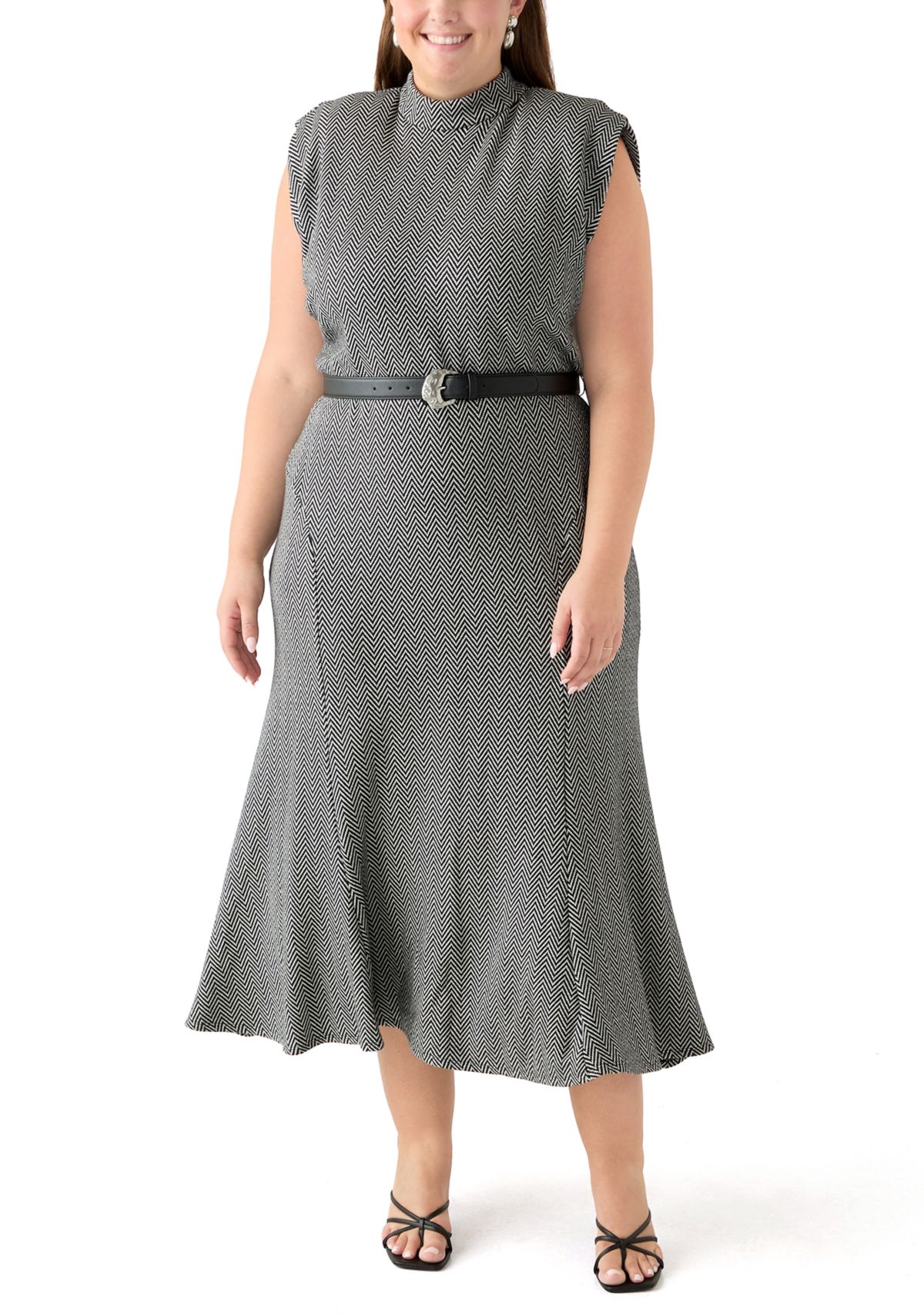 Plus Size Belted Mock Neck Fit & Flare Dress