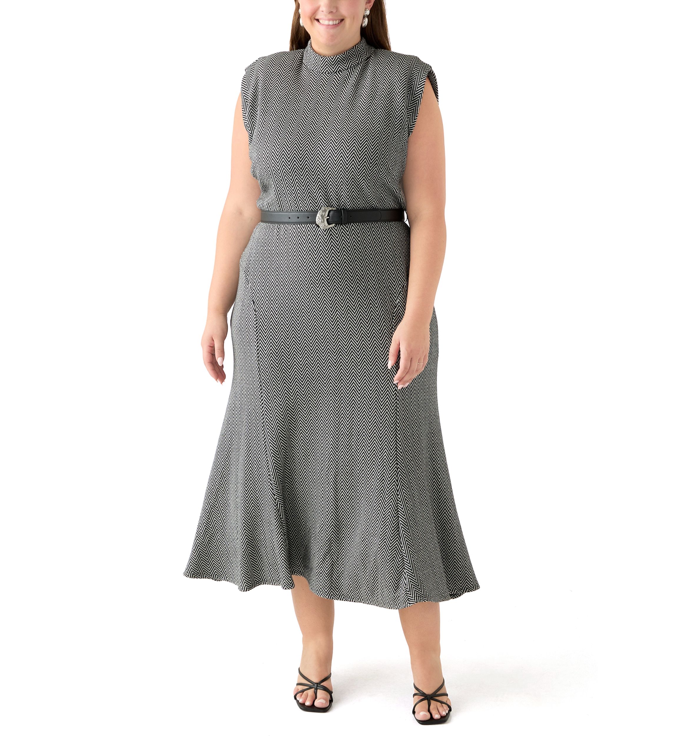 Plus Size Belted Mock Neck Fit & Flare Dress