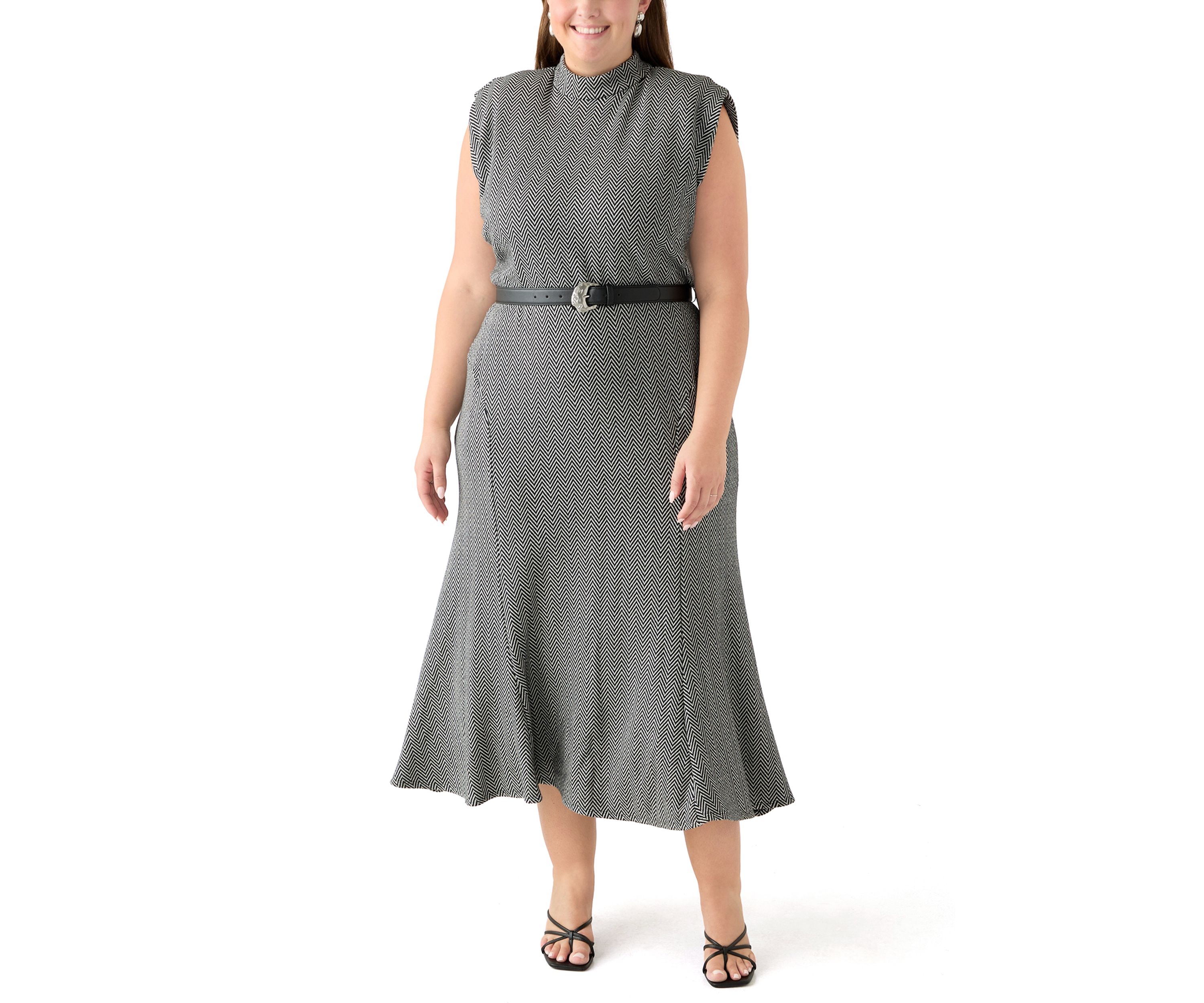 Plus Size Belted Mock Neck Fit & Flare Dress