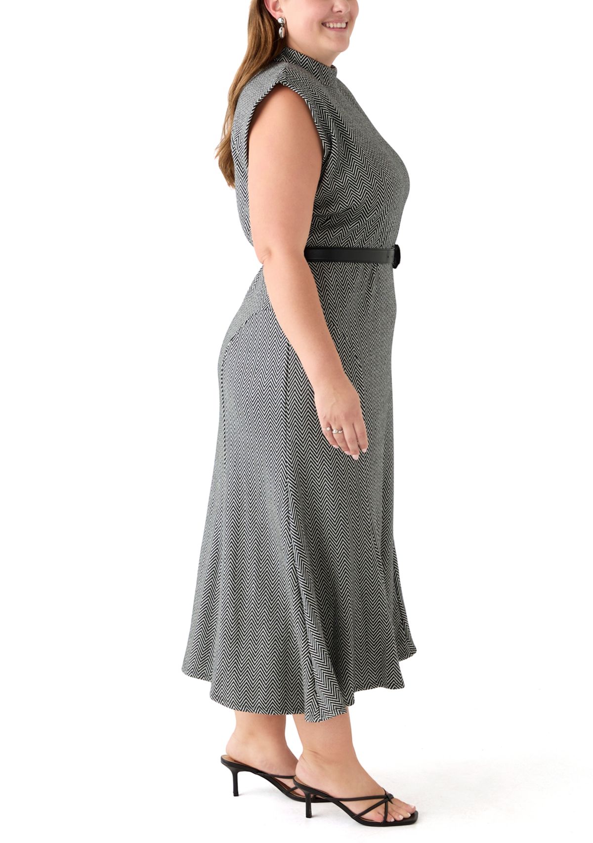 Plus Size Belted Mock Neck Fit & Flare Dress