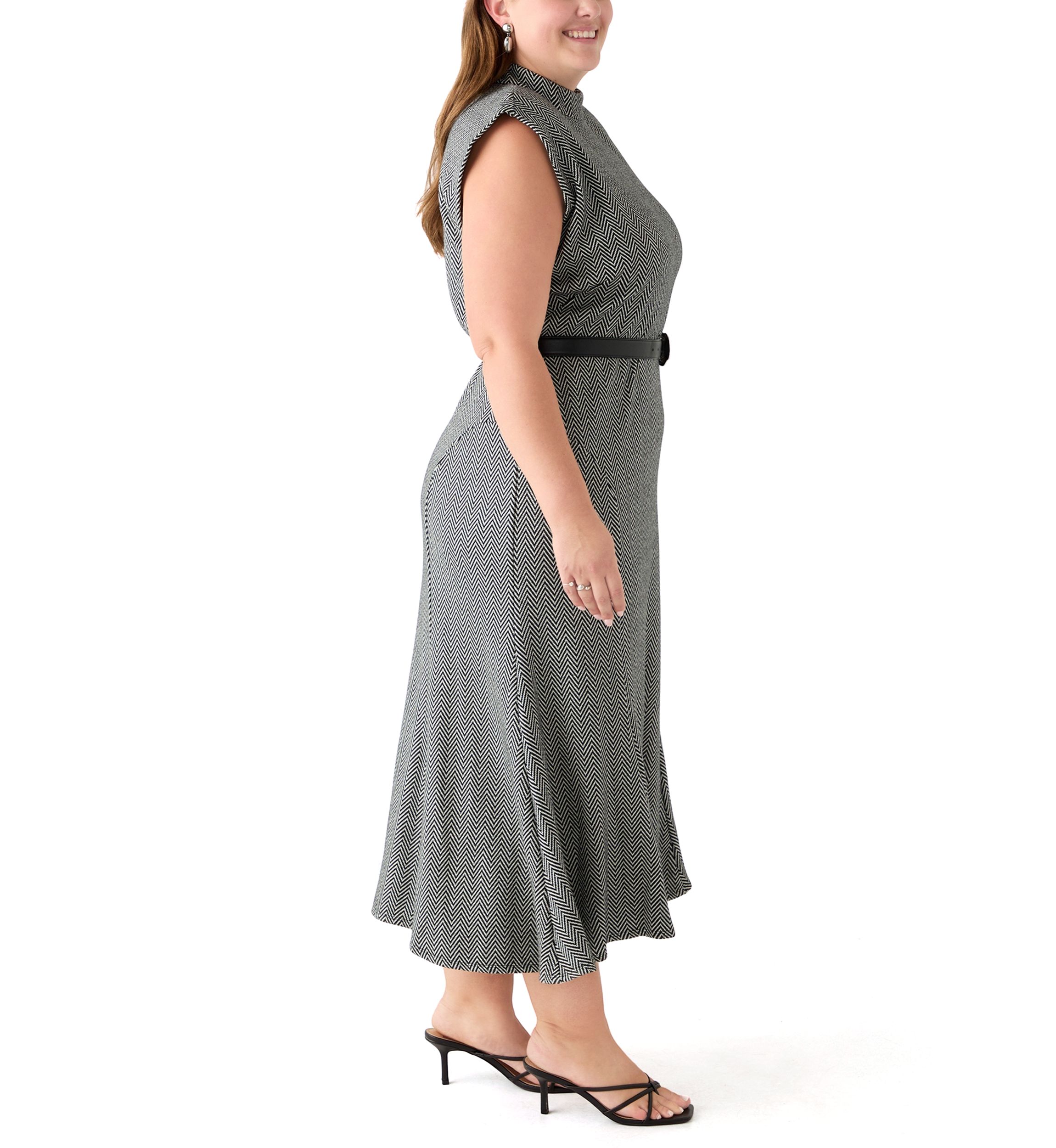 Plus Size Belted Mock Neck Fit & Flare Dress