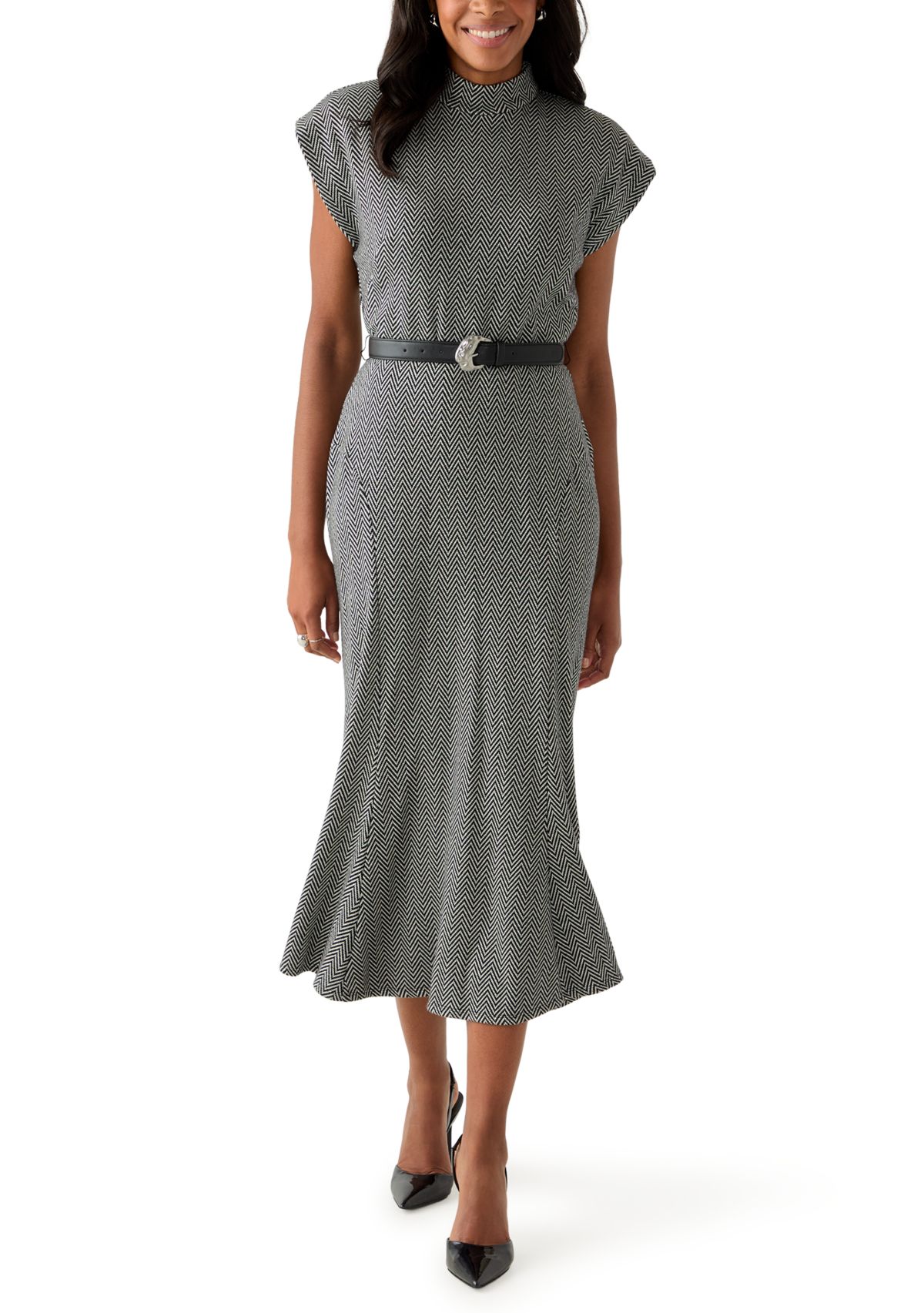Womens Short Sleeve High Neck Knit Belted Midi Dress