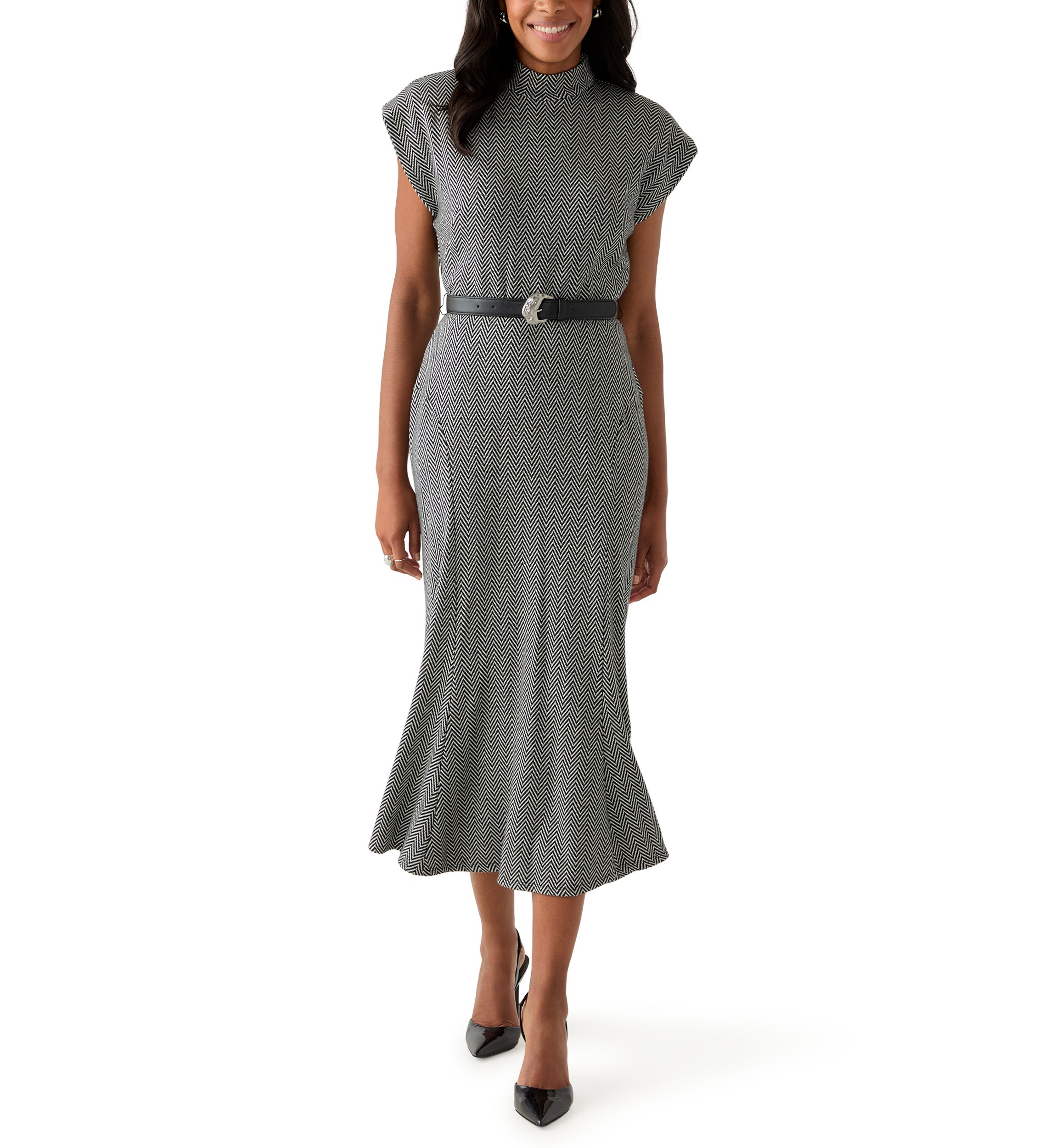 Womens Short Sleeve High Neck Knit Belted Midi Dress