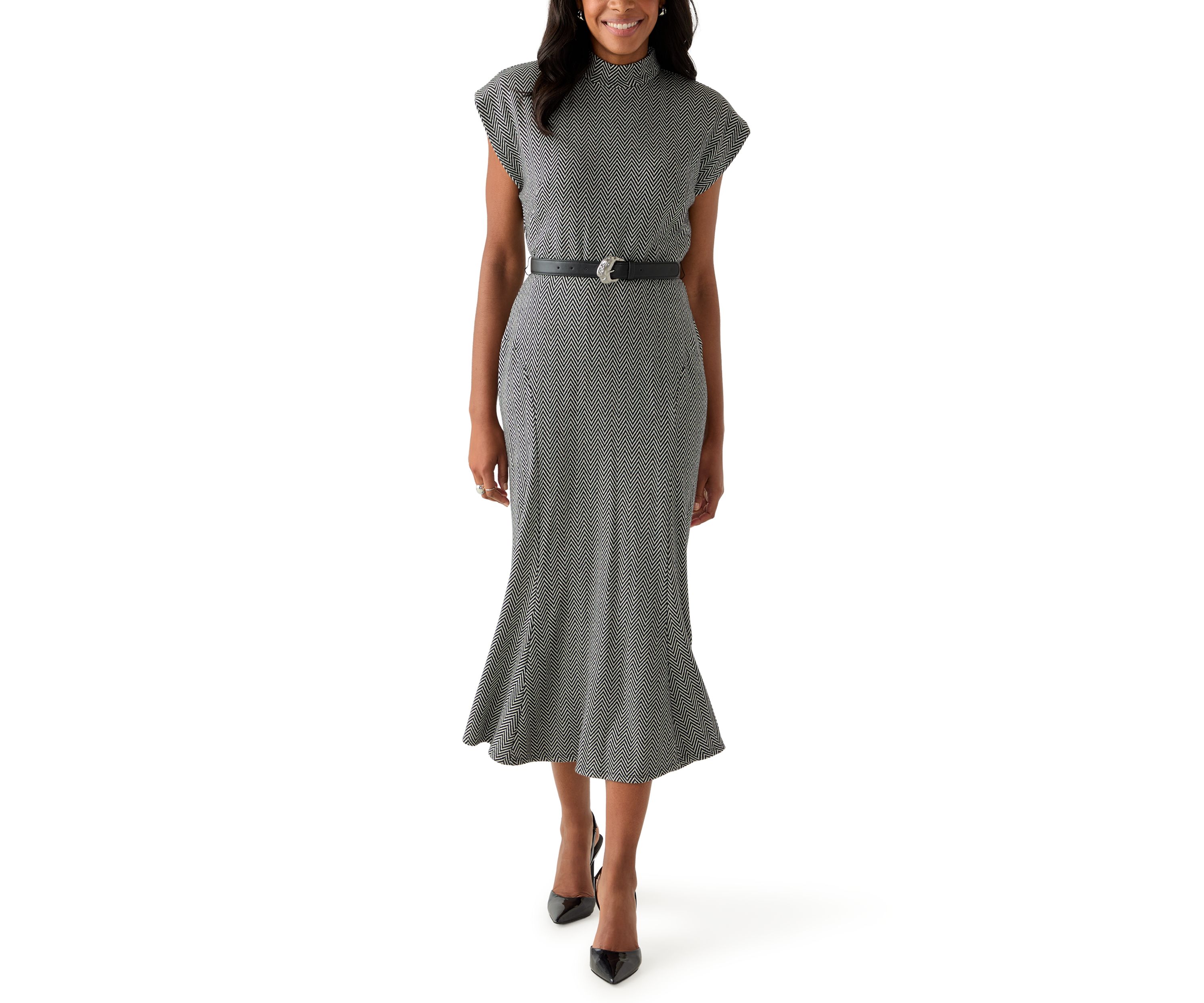 Womens Short Sleeve High Neck Knit Belted Midi Dress