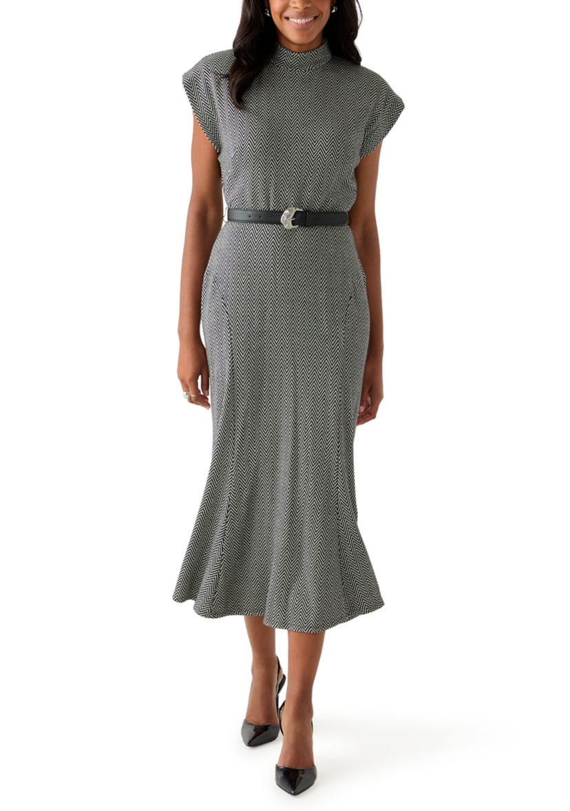 Womens Short Sleeve High Neck Knit Belted Midi Dress
