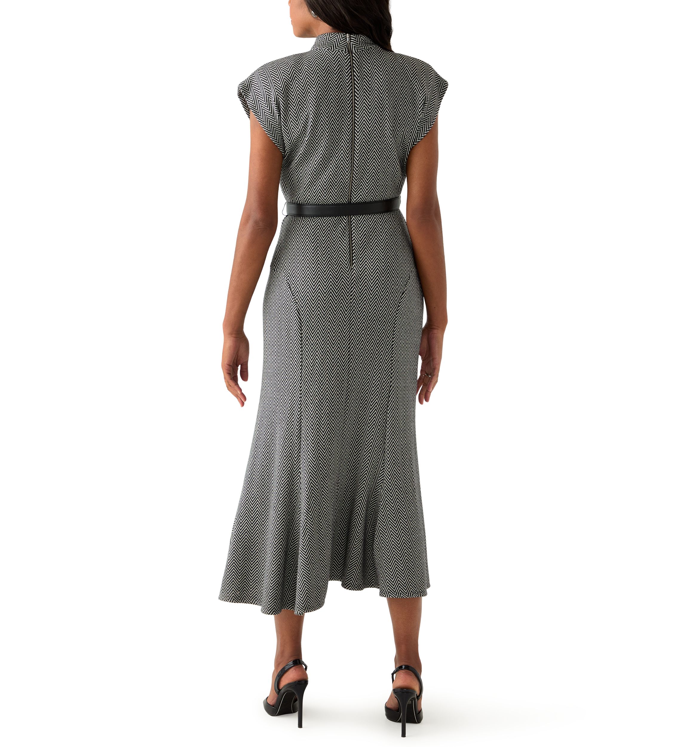 Womens Short Sleeve High Neck Knit Belted Midi Dress