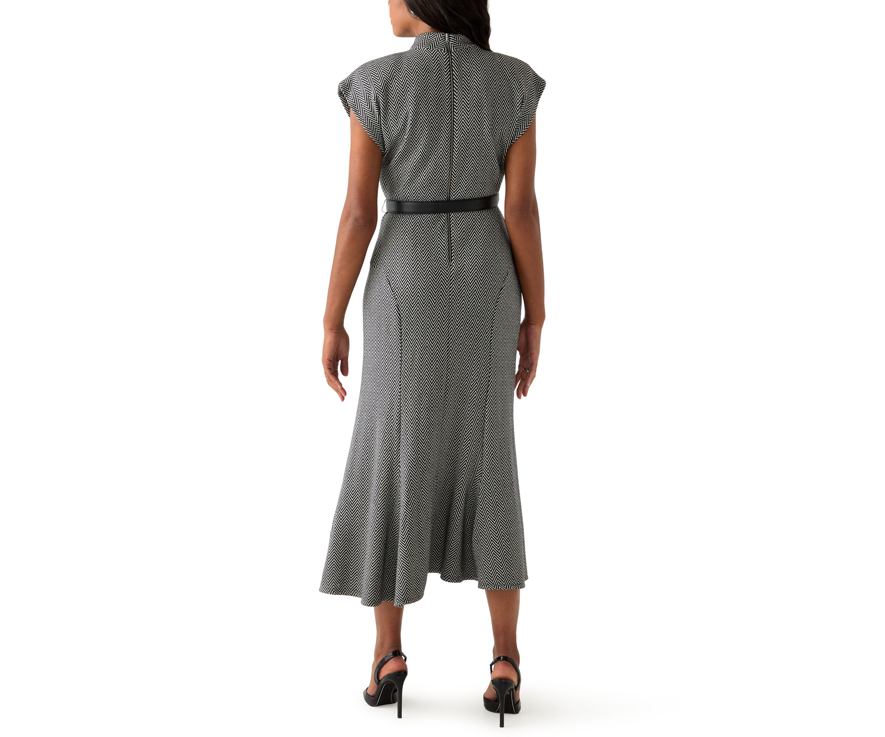 Womens Short Sleeve High Neck Knit Belted Midi Dress