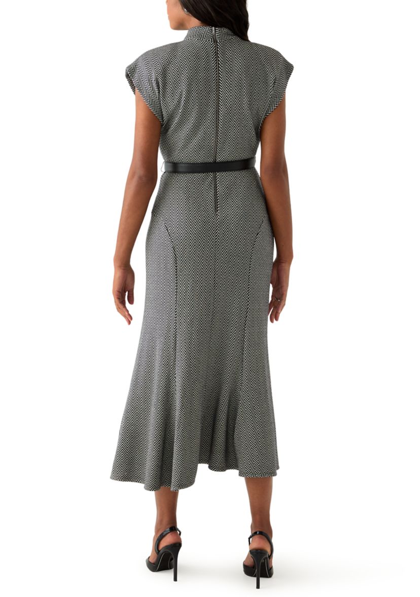 Womens Short Sleeve High Neck Knit Belted Midi Dress