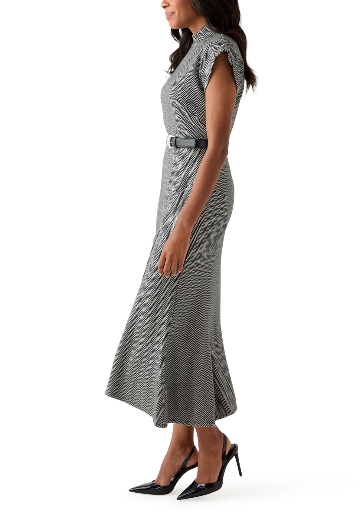 Womens Short Sleeve High Neck Knit Belted Midi Dress