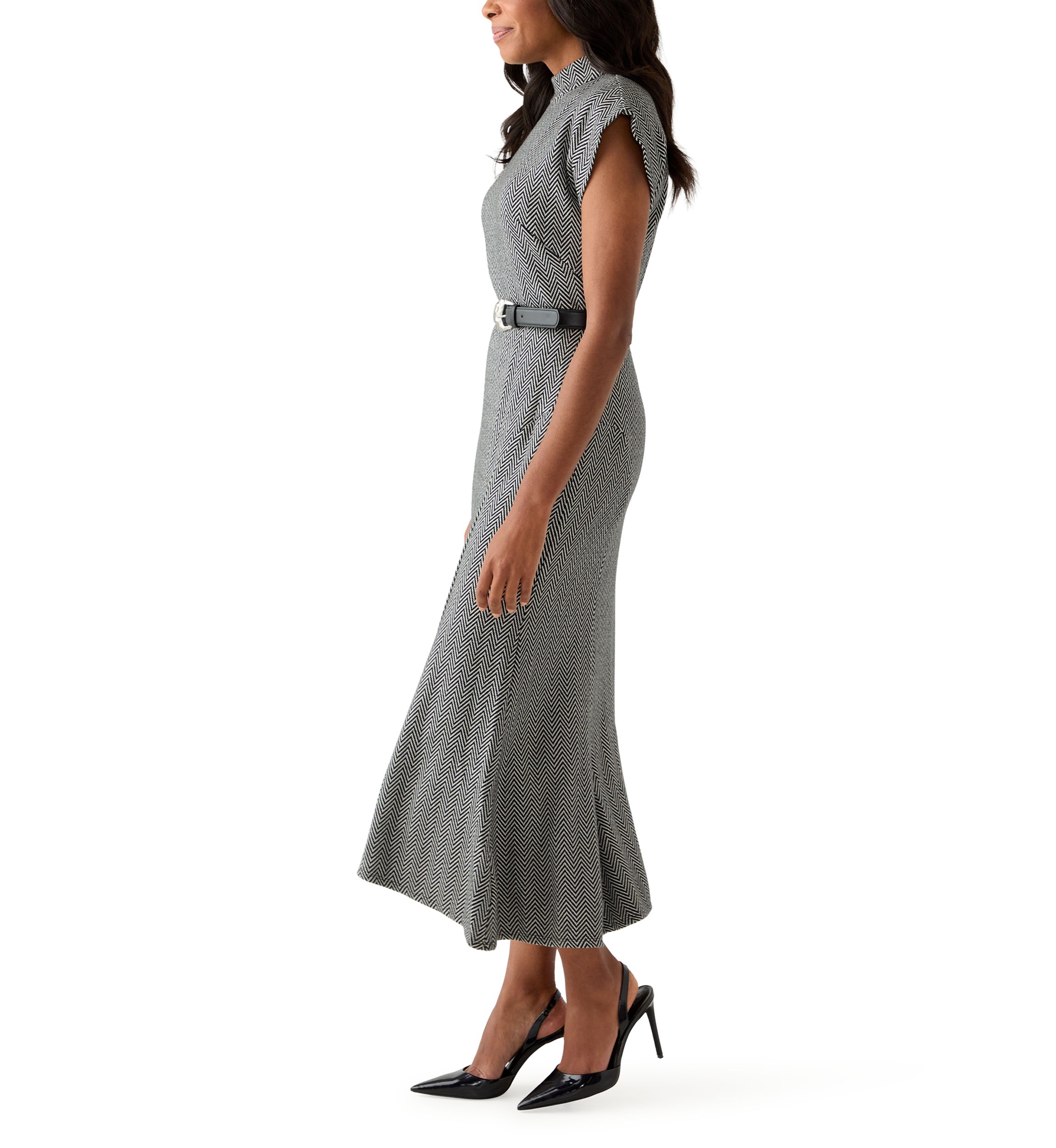 Womens Short Sleeve High Neck Knit Belted Midi Dress