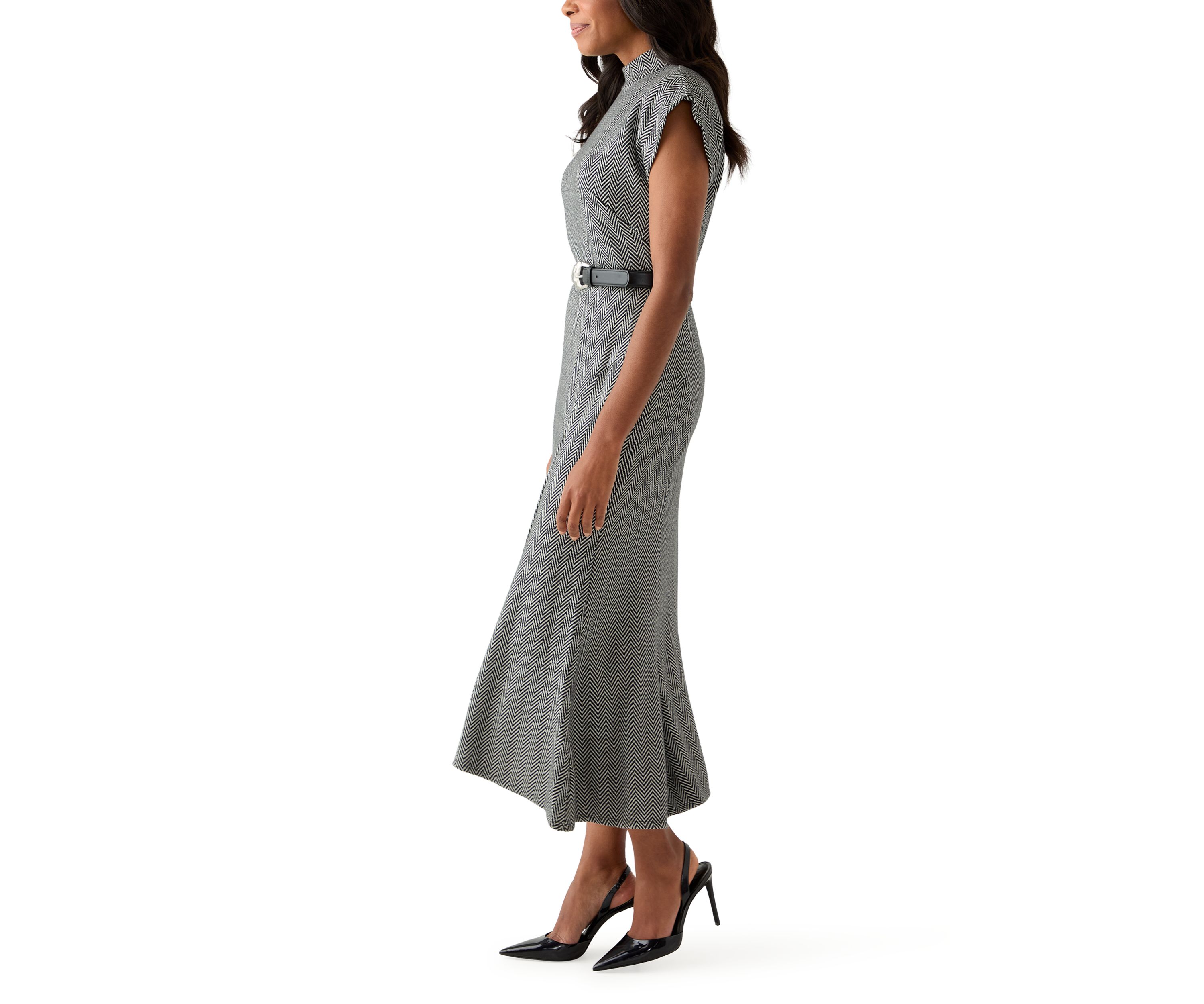 Womens Short Sleeve High Neck Knit Belted Midi Dress