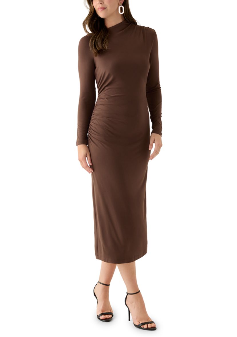 Womens Asymmetrical Ruched Midi Dress