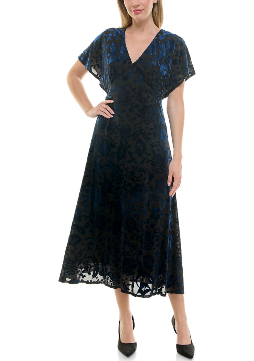 Womens Velvet Burnout Midi Dress