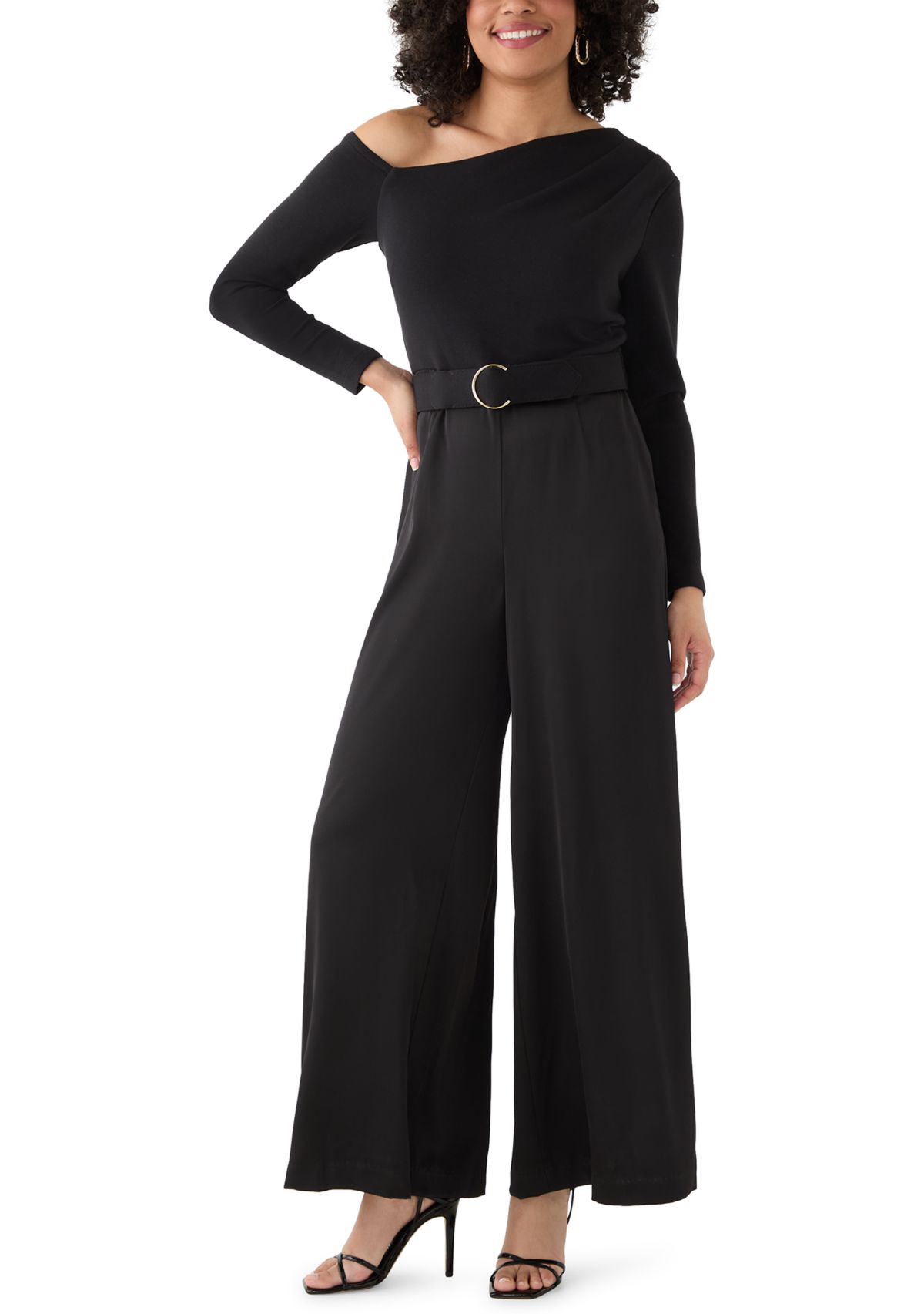 Womens Long Sleeve Asymmetrical Belted Jumpsuit