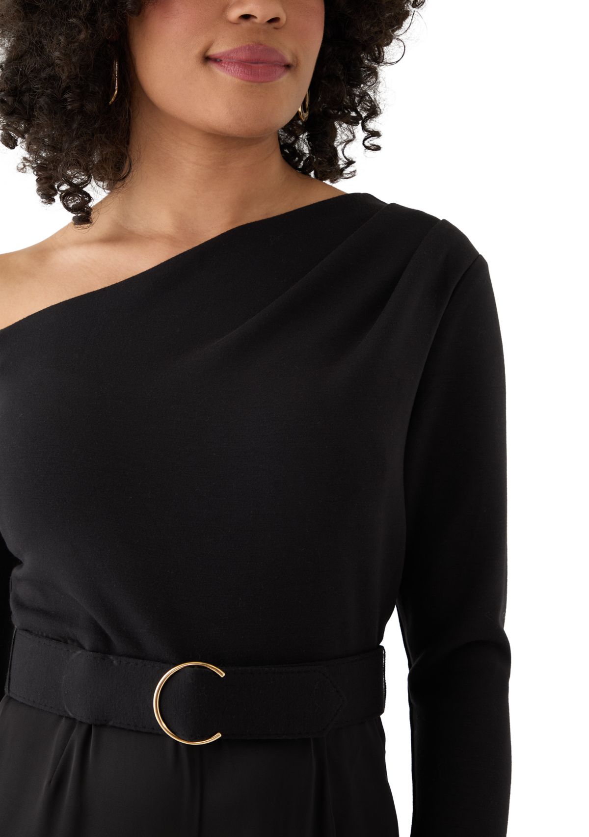 Womens Long Sleeve Asymmetrical Belted Jumpsuit