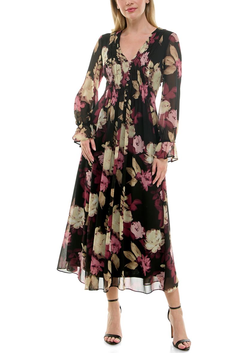 Plus Size Long Sleeve V-Neck Chiffon Floral Print Dress