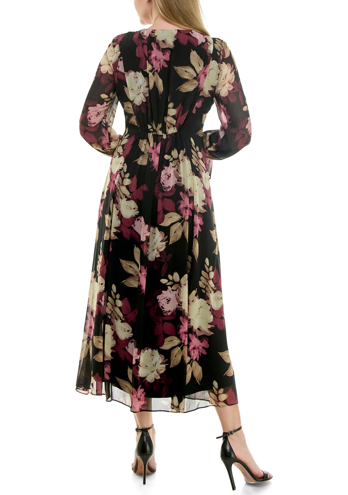 Plus Size Long Sleeve V-Neck Chiffon Floral Print Dress
