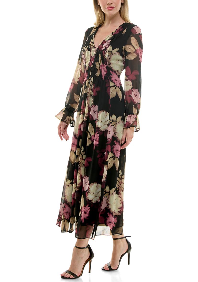 Plus Size Long Sleeve V-Neck Chiffon Floral Print Dress