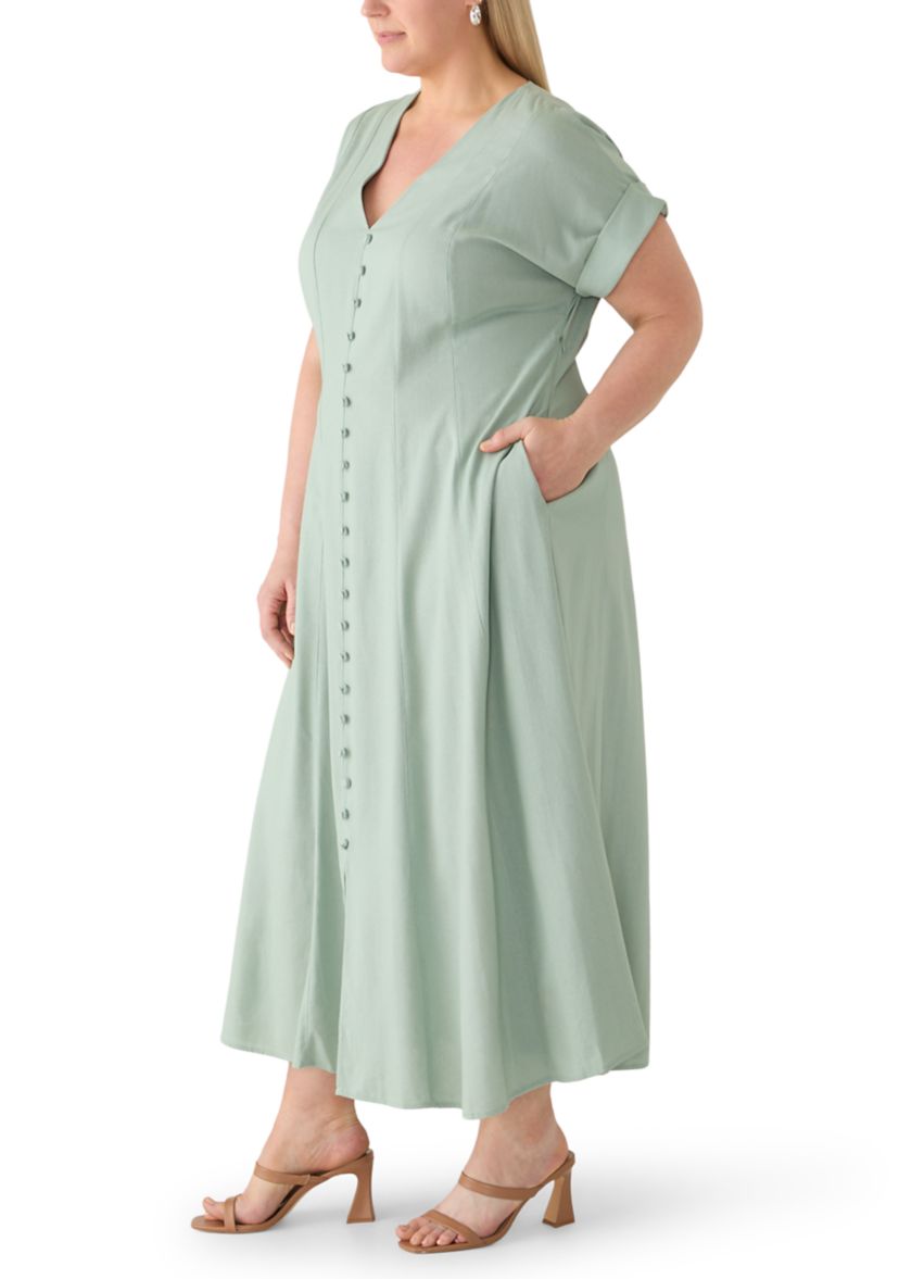 Taylor Plus Size Button Front A-Line Linen Dress | Belk