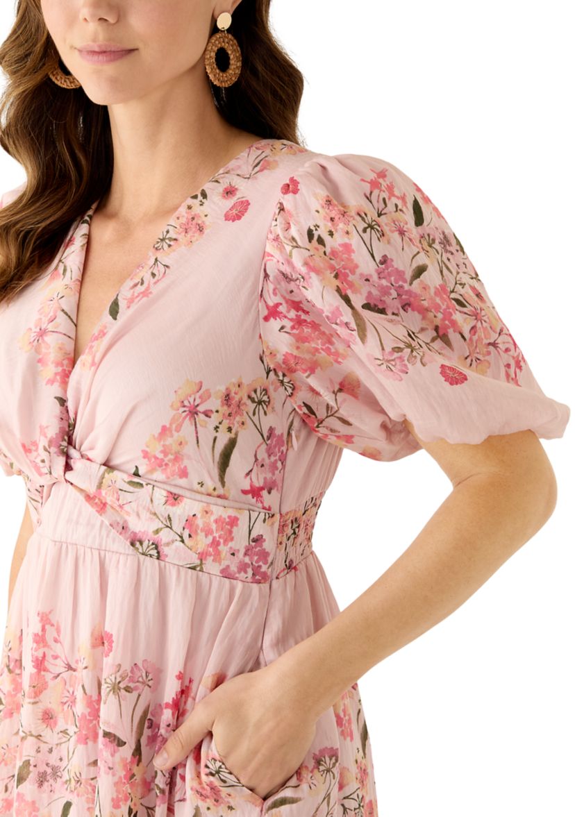 belk pink floral dress Taylor Women's Floral Puff Sleeve Dress with Twist Detail
