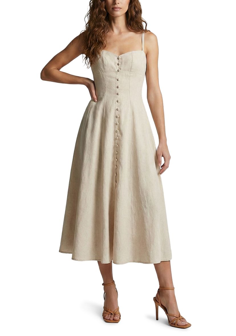 knee length dresses for ladies Cotton Island Linen Midi Button Down Denim Blue Dress main image 1