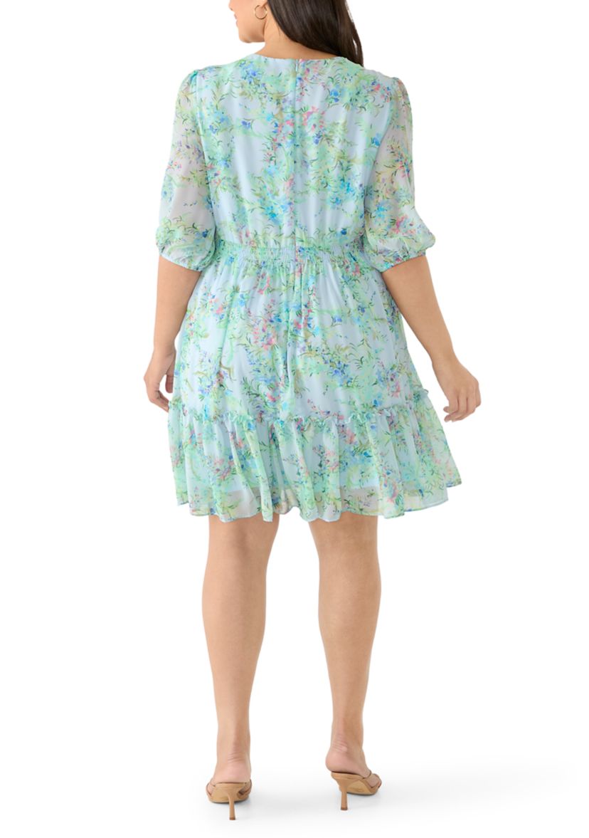 chinese dress ladies Women Plus Size Pink & White Floral Printed Sweetheart Neck Tie-Up Front  Flared A-Line Mini Dress main image 0