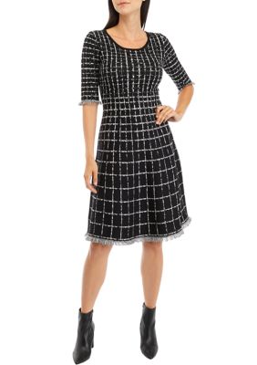 Women's Elbow Sleeve Plaid Print Fit and Flare Dress