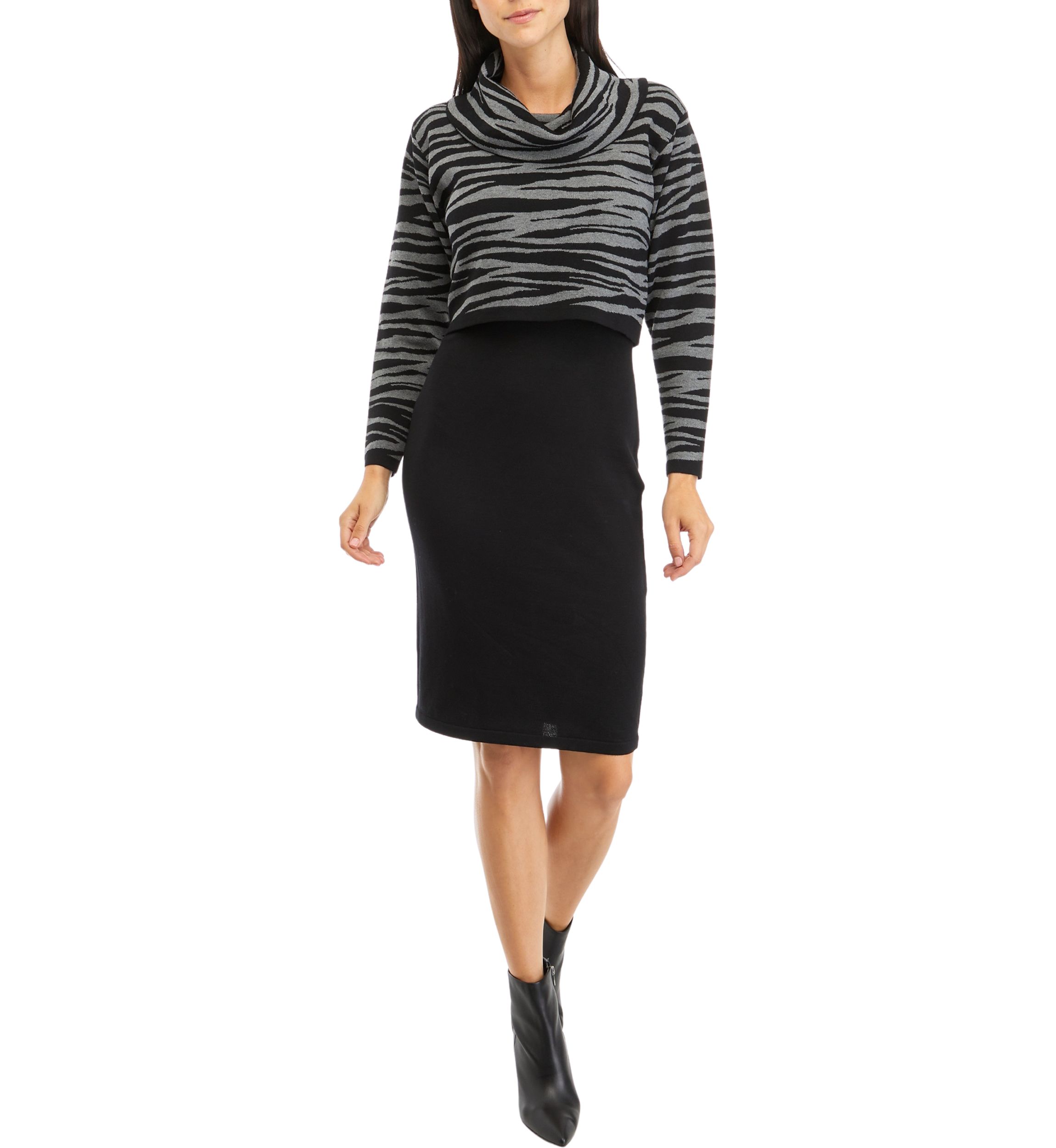 Womens Long Sleeve Printed Cowl Neck Sweater Sheath Dress