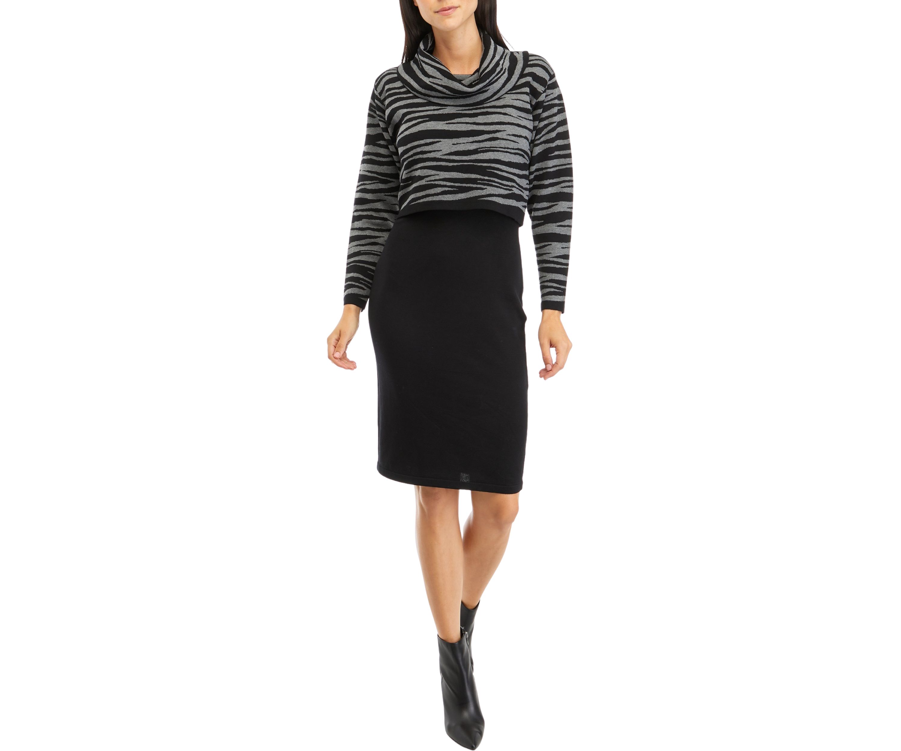 Womens Long Sleeve Printed Cowl Neck Sweater Sheath Dress