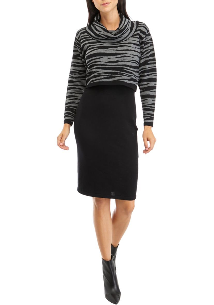 Womens Long Sleeve Printed Cowl Neck Sweater Sheath Dress