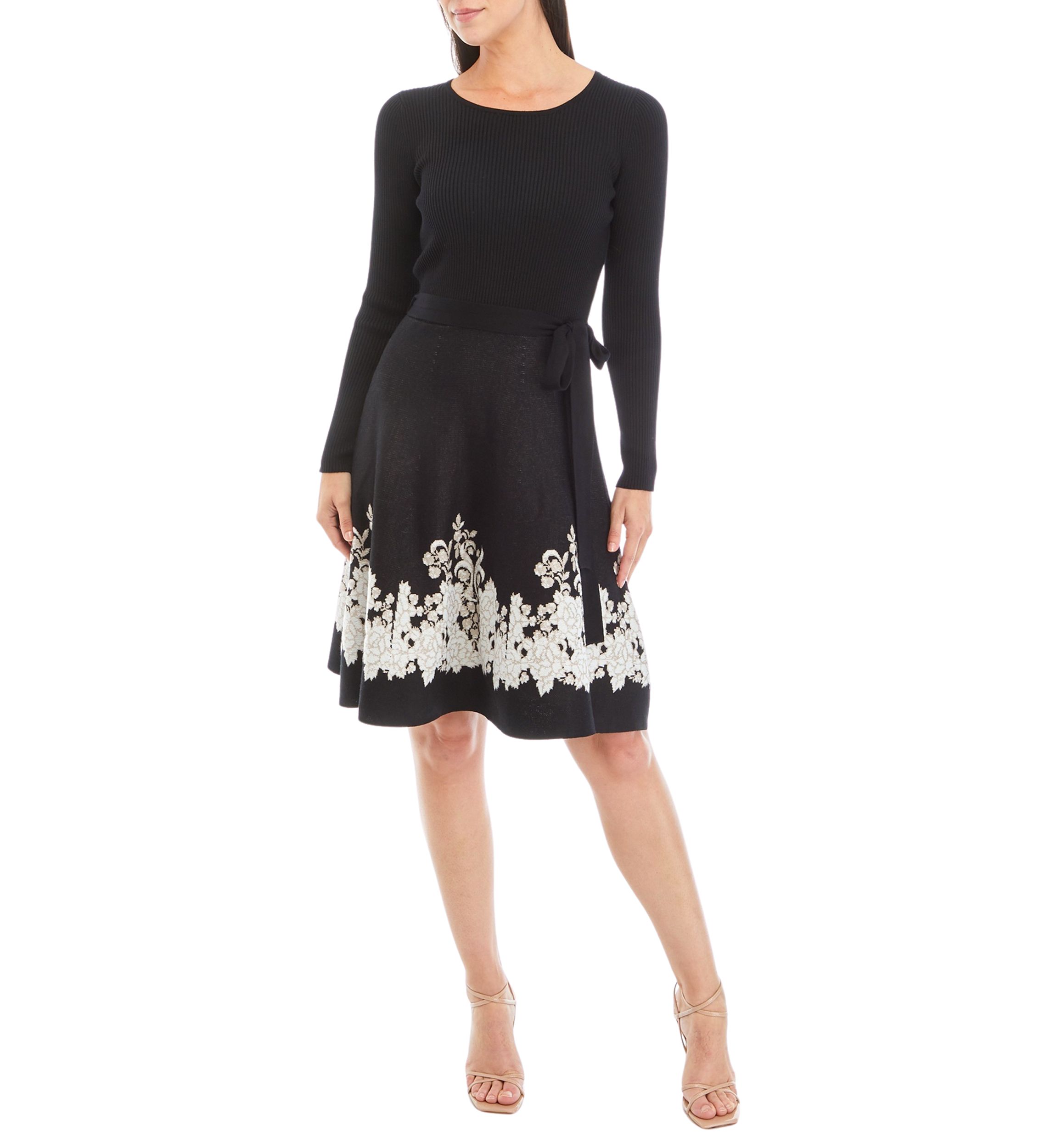 Womens Long Sleeve Tie Waist Floral Trim Dress