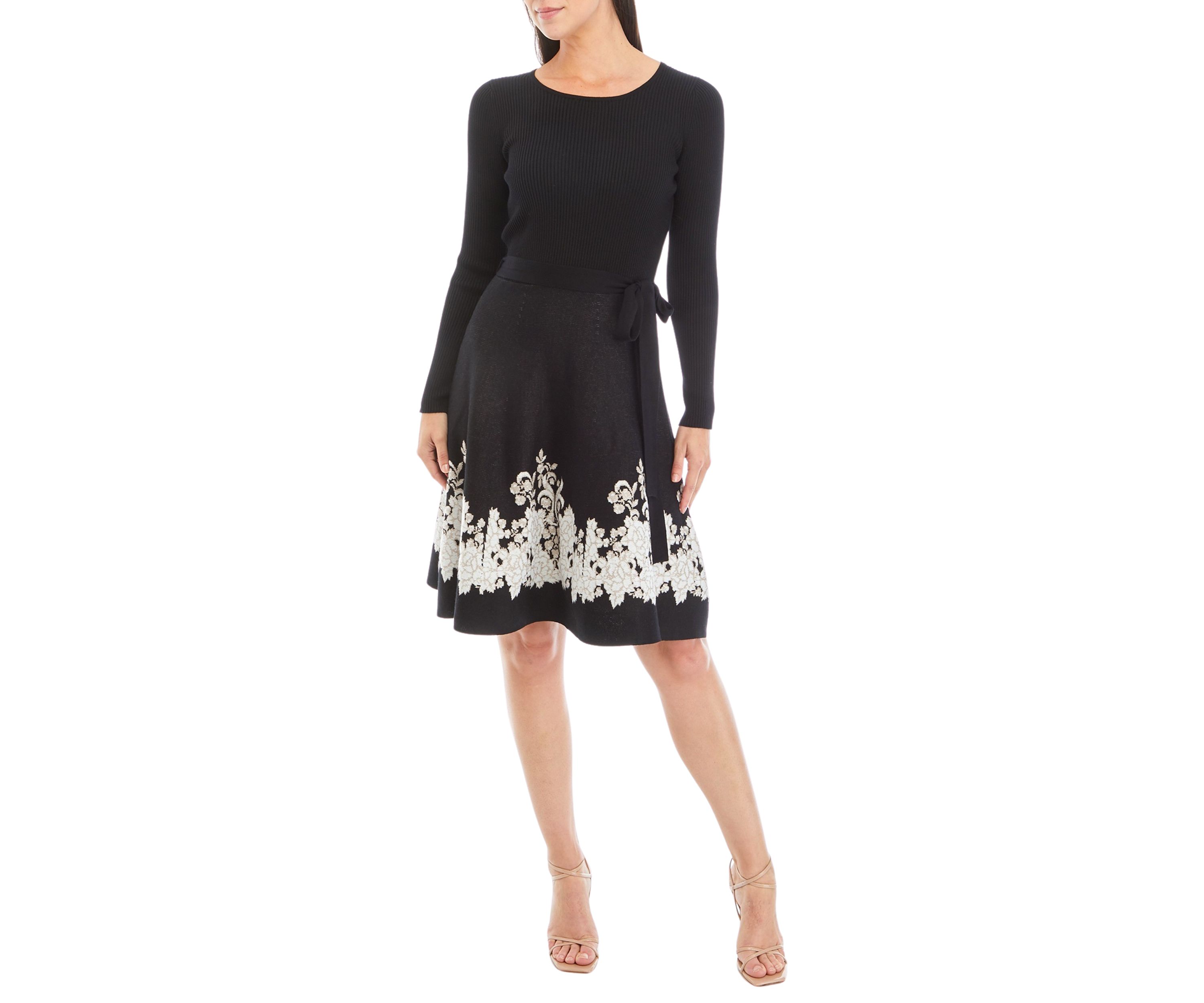 Womens Long Sleeve Tie Waist Floral Trim Dress