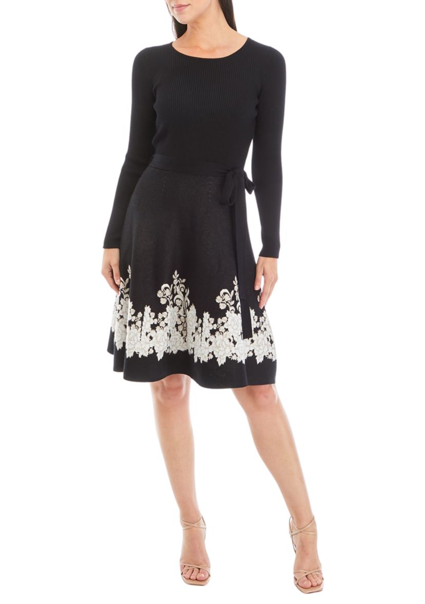 Womens Long Sleeve Tie Waist Floral Trim Dress