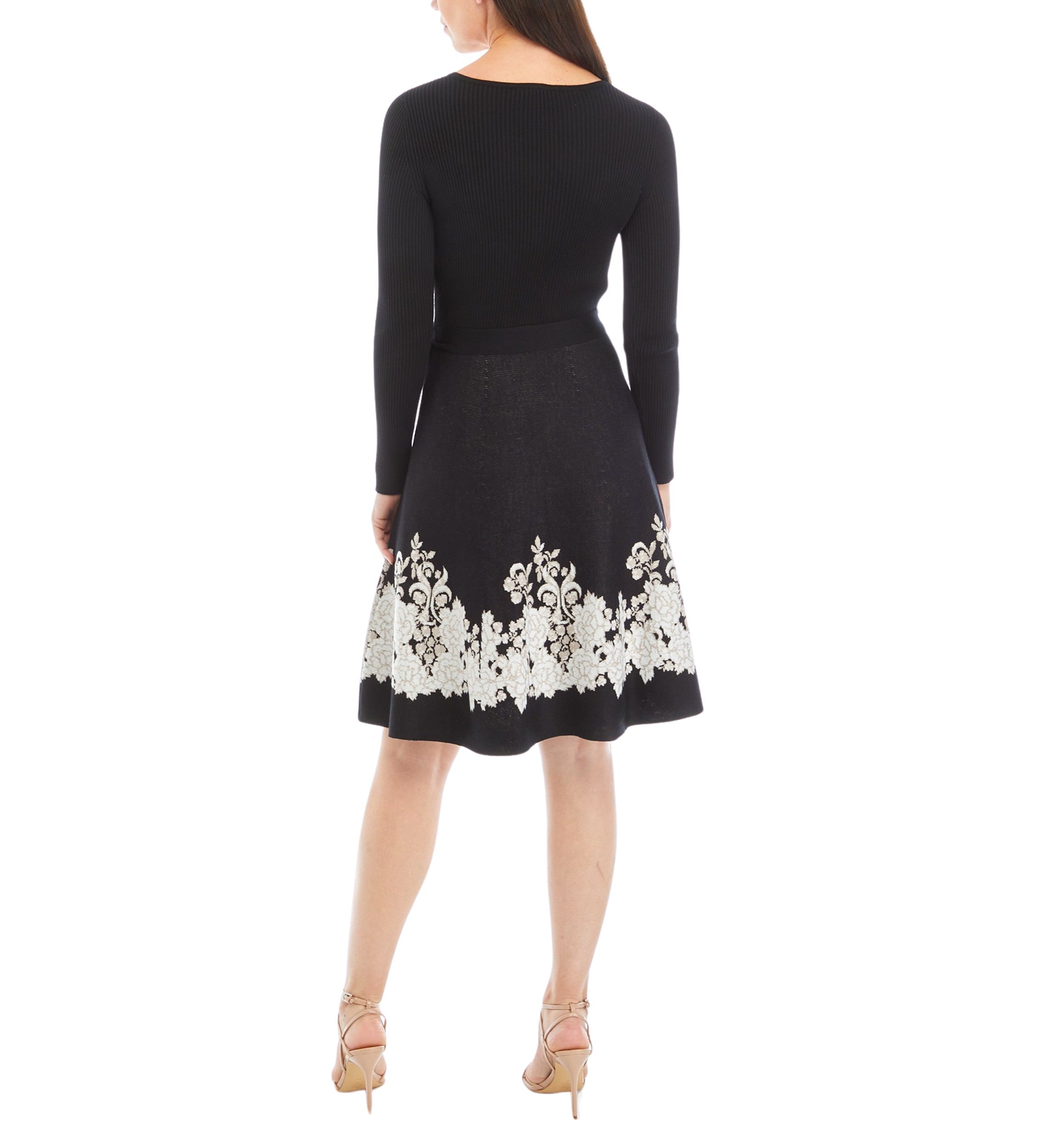 Womens Long Sleeve Tie Waist Floral Trim Dress