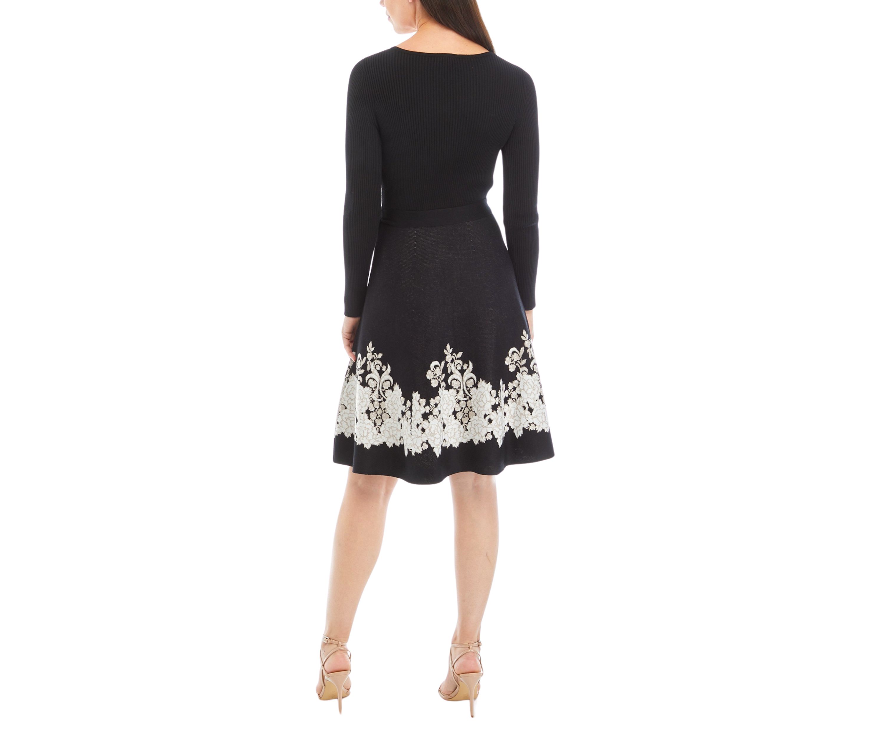 Womens Long Sleeve Tie Waist Floral Trim Dress