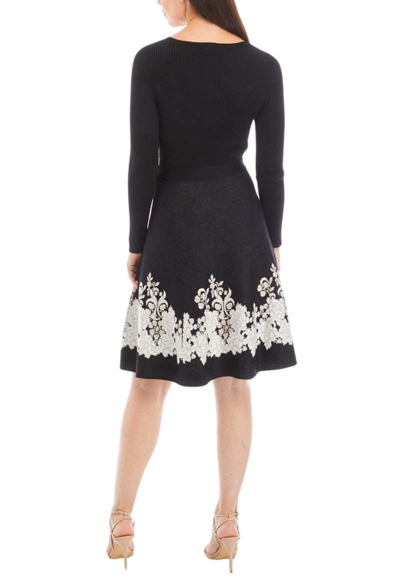 Womens Long Sleeve Tie Waist Floral Trim Dress