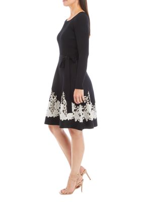 Women's Long Sleeve Tie Waist Floral Trim Dress