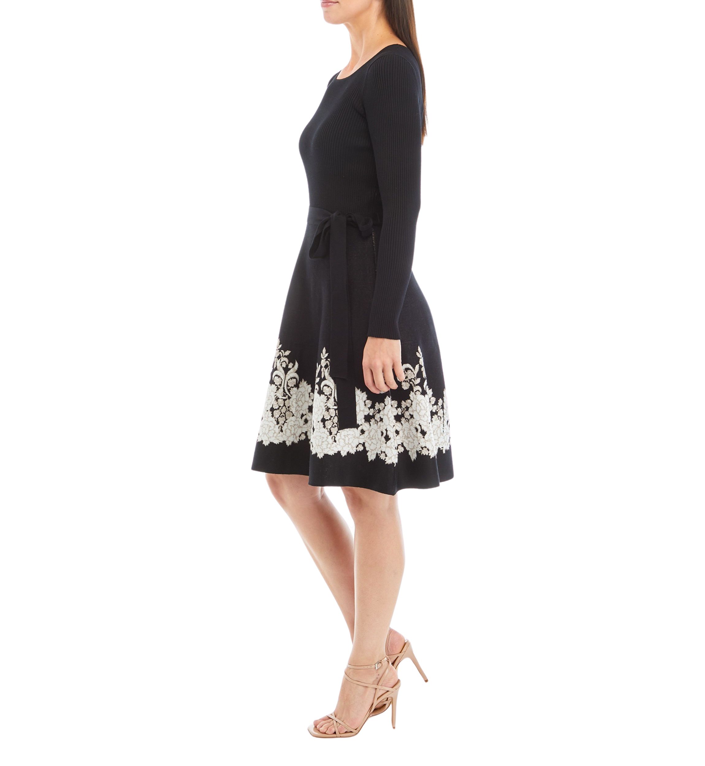 Womens Long Sleeve Tie Waist Floral Trim Dress