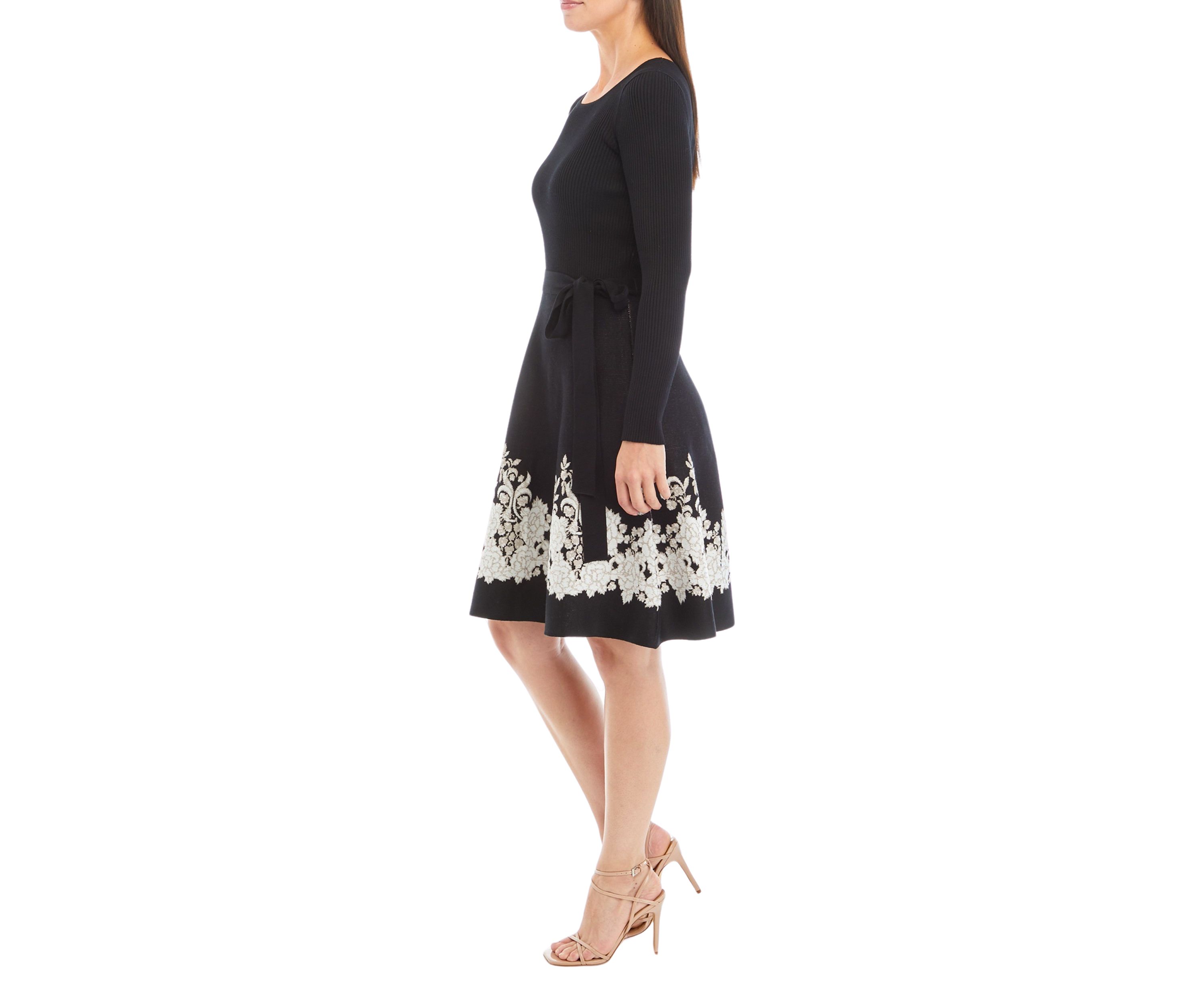 Womens Long Sleeve Tie Waist Floral Trim Dress