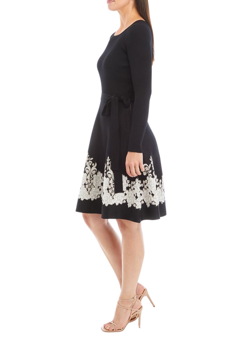 Womens Long Sleeve Tie Waist Floral Trim Dress
