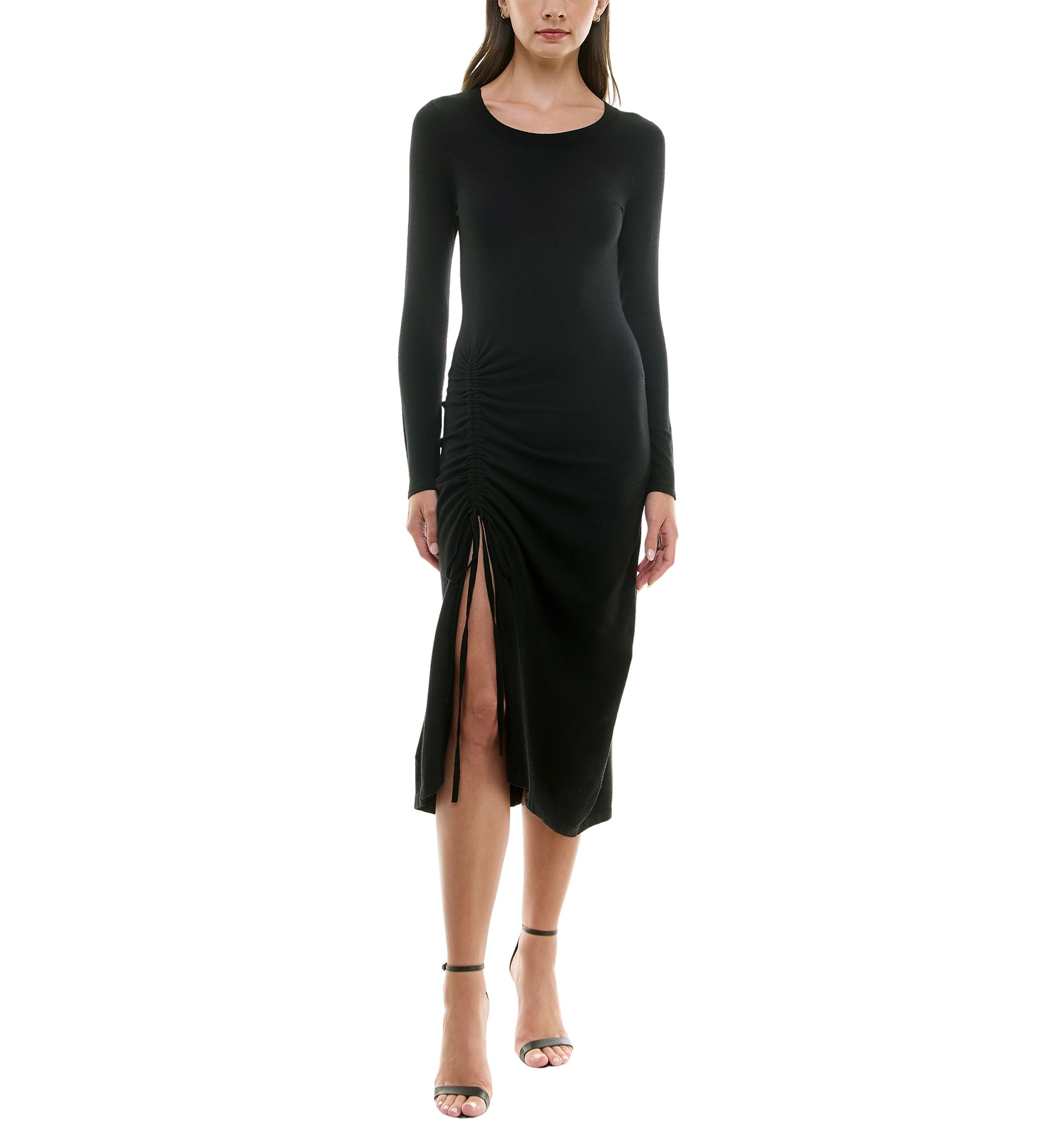 Womens Crew Neck Side Ruched Midi Dress