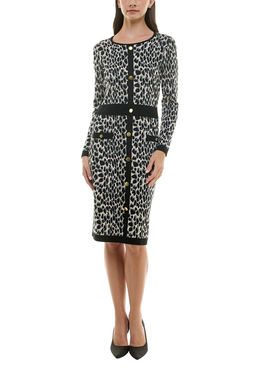 Womens Printed Sweater Dress with Buttons