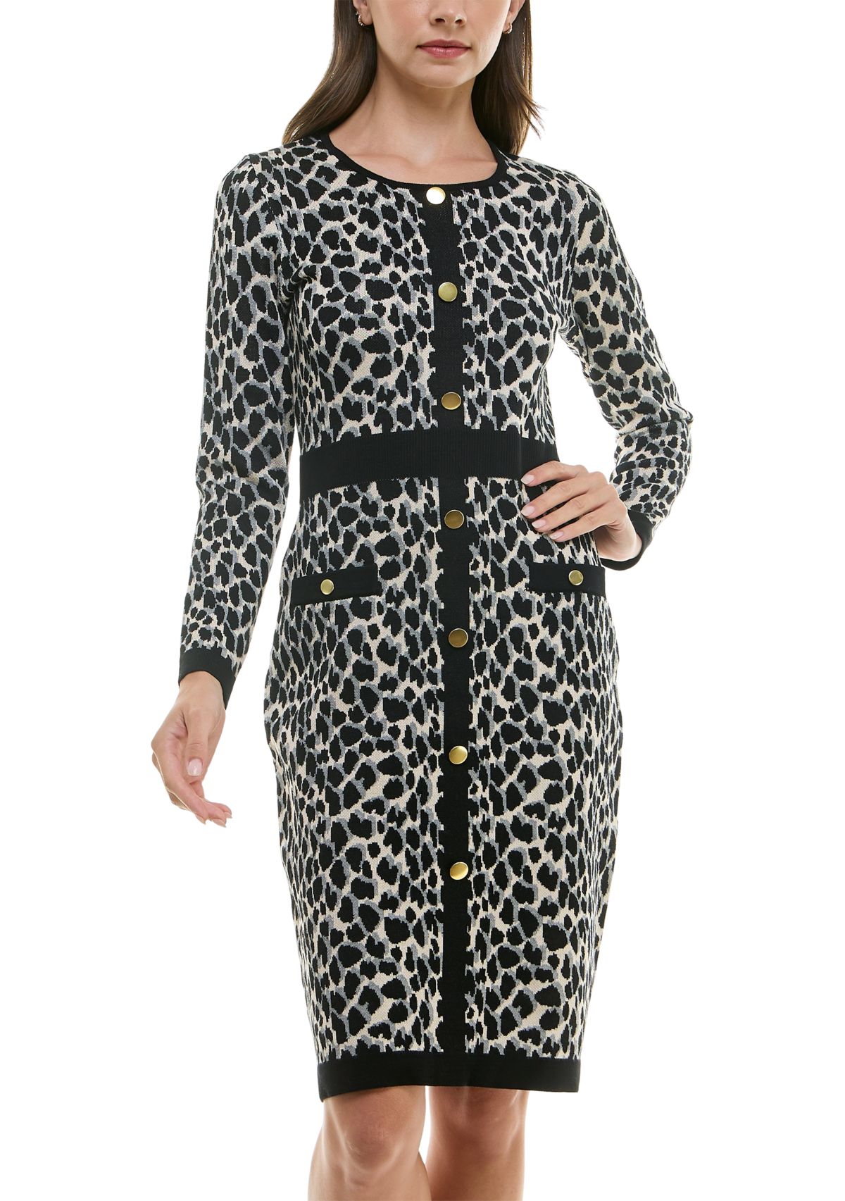 Womens Printed Sweater Dress with Buttons