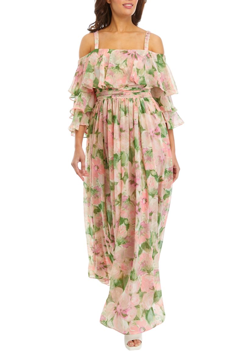Womens Off the Shoulder Solid Organza Fit and Flare Dress