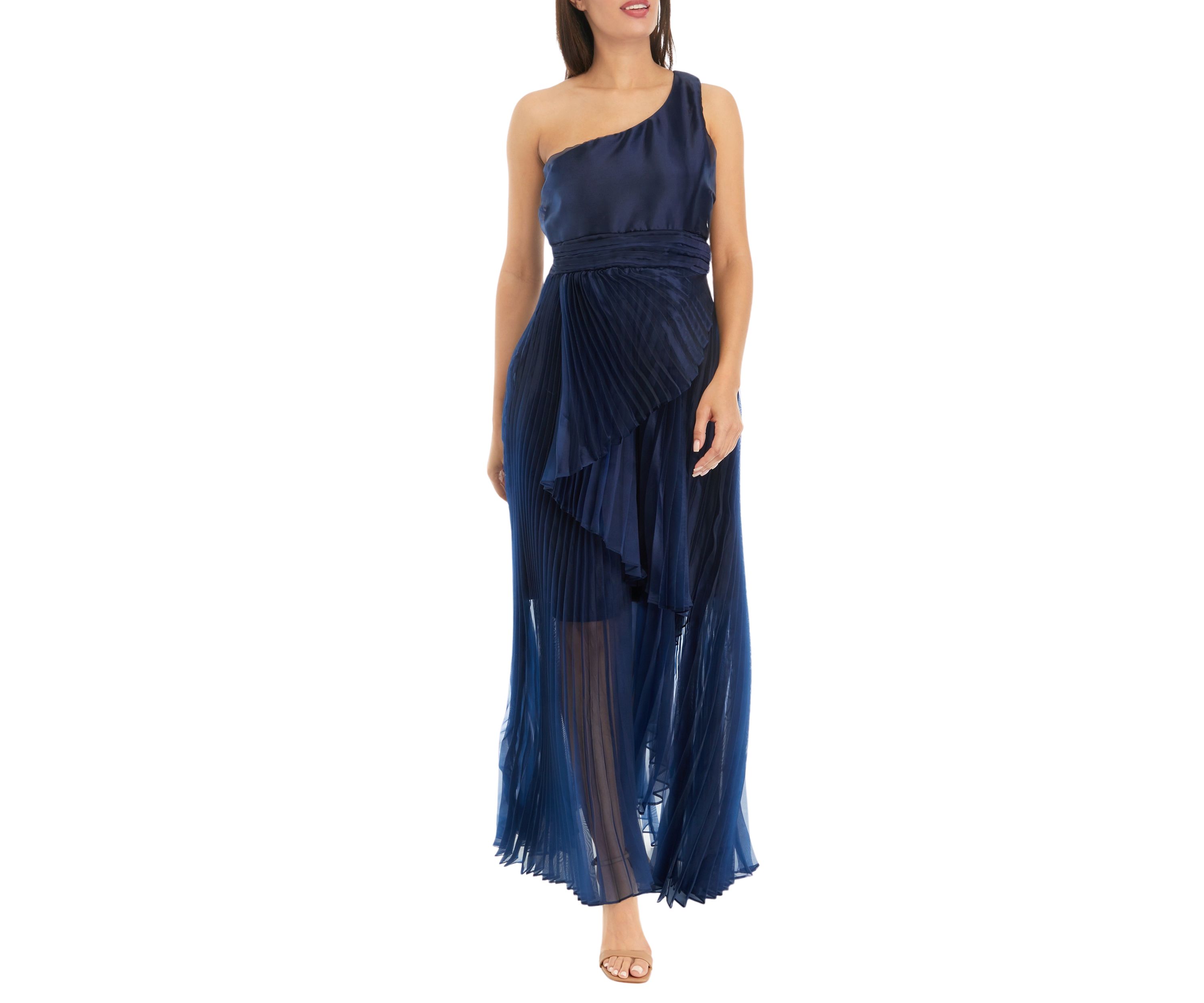 Womens One Shoulder Solid Organza Gown